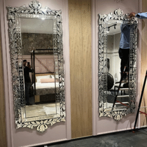 Tall rectangular Venetian wall mirror with handcrafted floral etched frame, full-length luxury mirror for premium interior décor