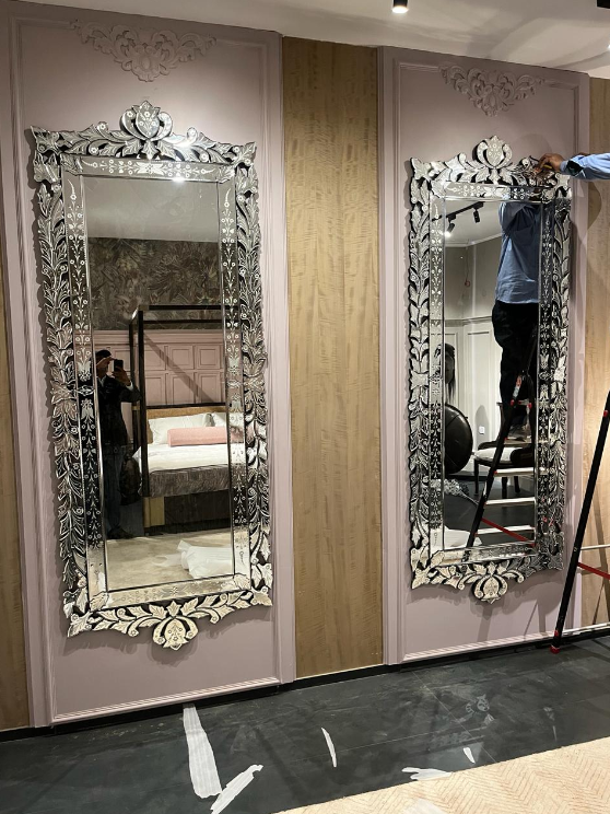 Tall rectangular Venetian wall mirror with handcrafted floral etched frame, full-length luxury mirror for premium interior décor
