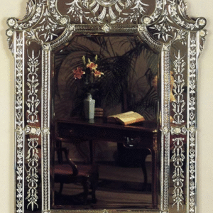 Ornate Rectangular Venetian Wall Mirror with Hand-Etched Floral Crest Frame